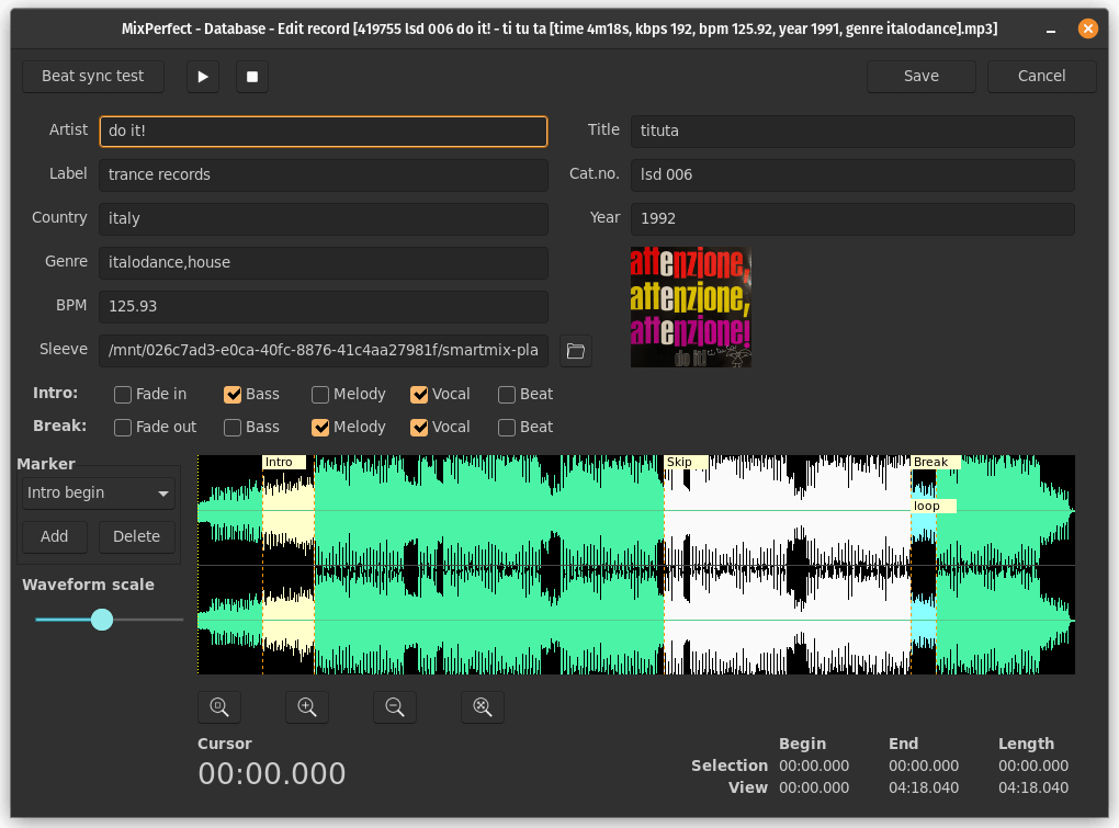Screenshot of editing a song